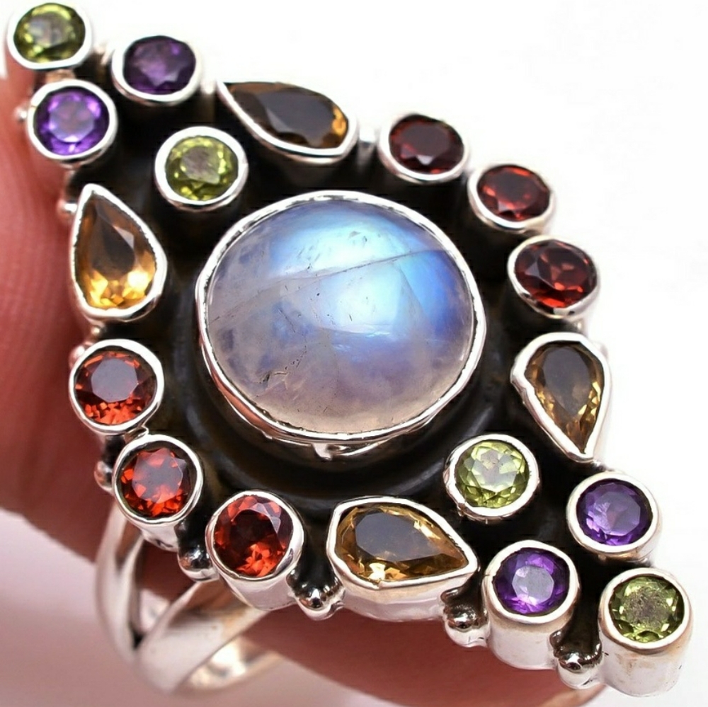 925 Silver Opal Moonstone/Multi-gem Ring